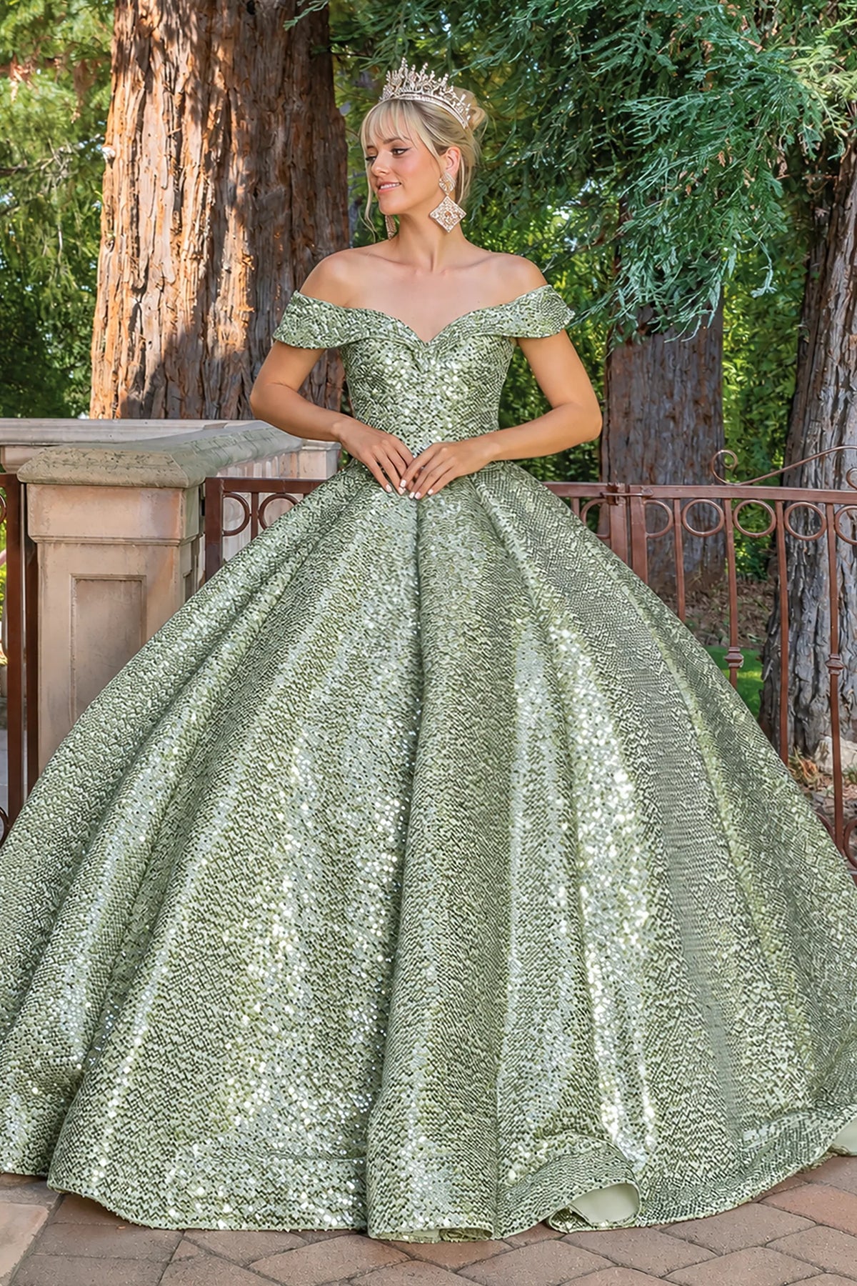 Sage sequined quinceanera dress, full front view
