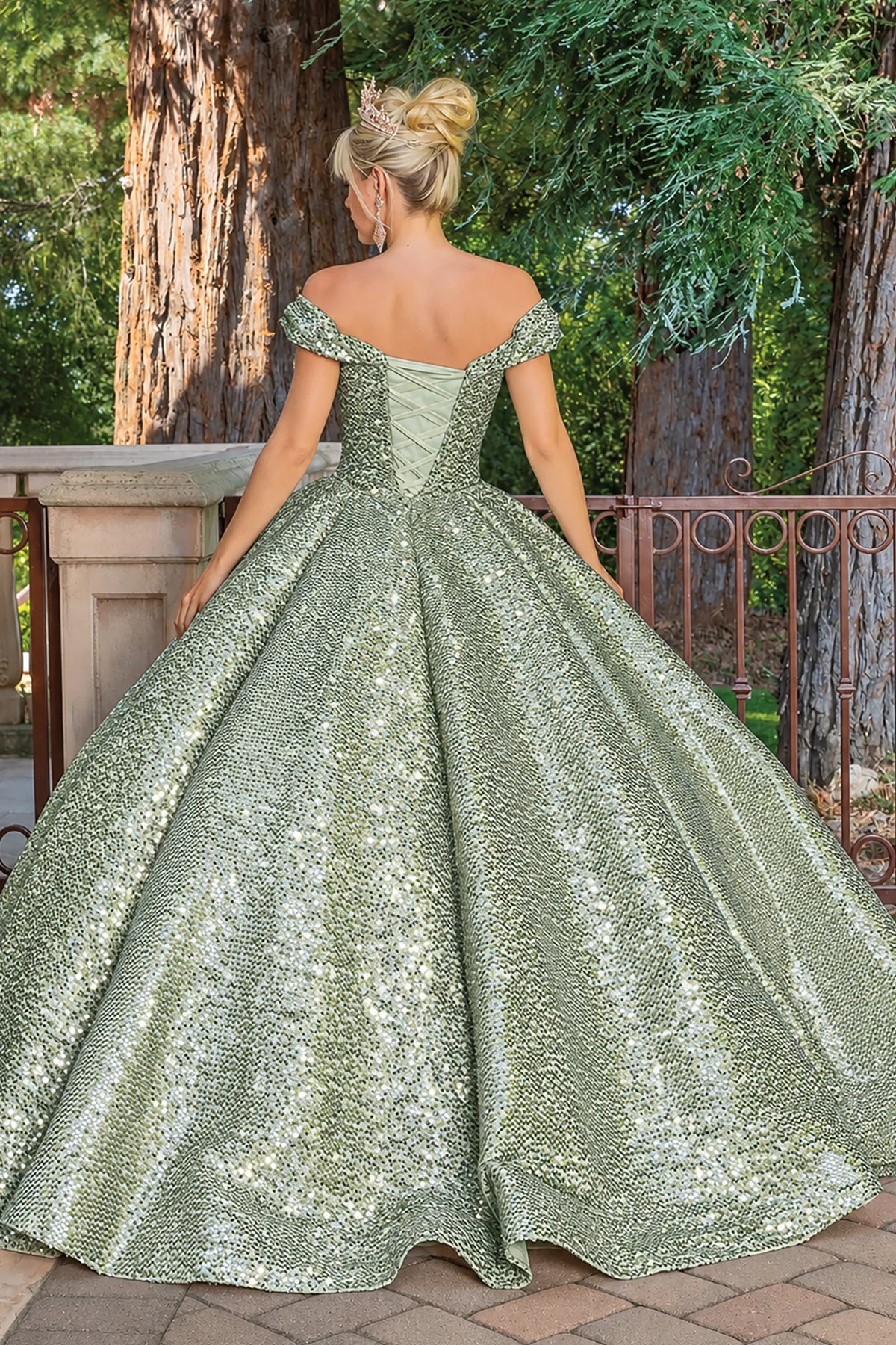 Sage sequined quinceanera dress, back view with lace-up closure