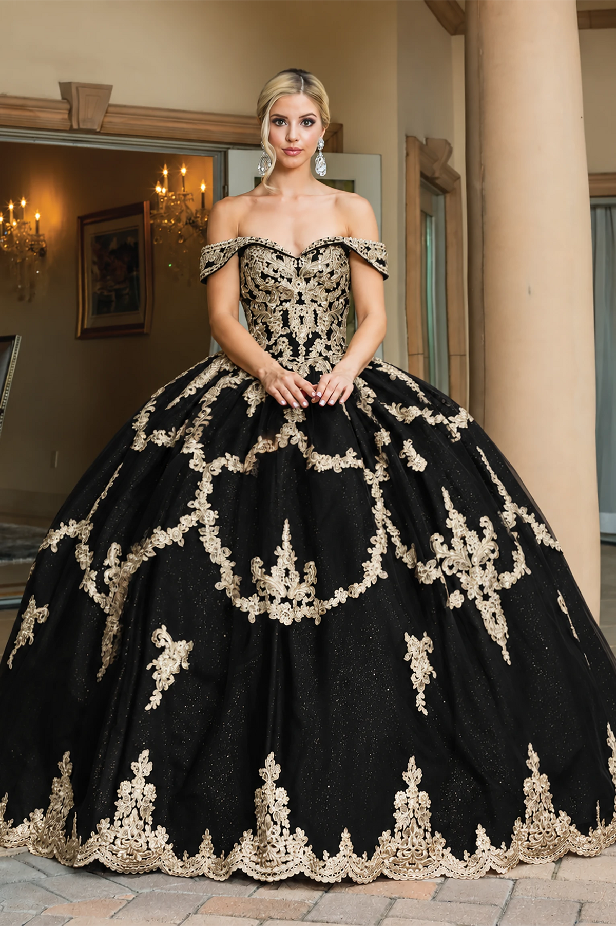 Black gold embroidered quinceanera dress, full front view
