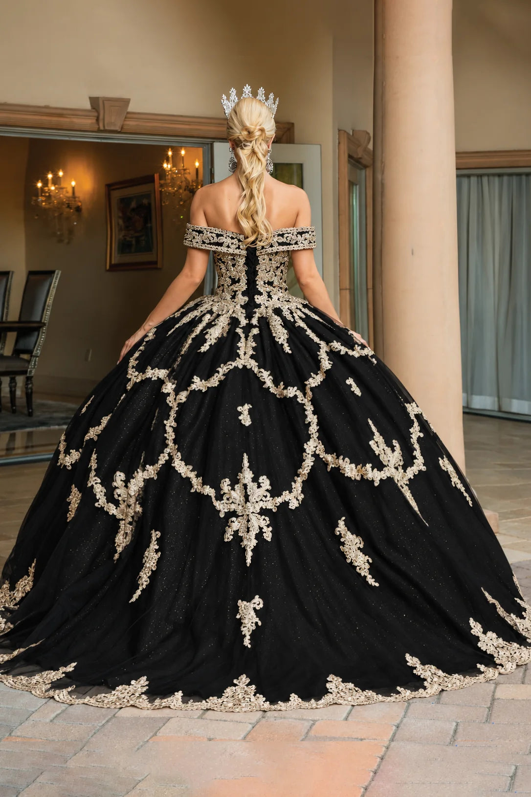 Black gold embroidered quinceanera dress, back view with lace-up closure