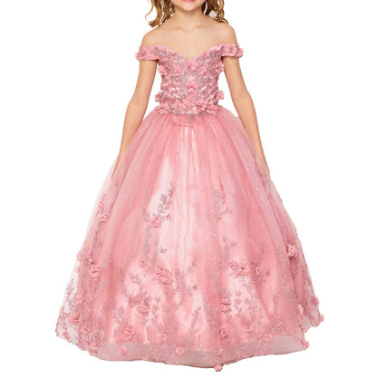 Mini Quince | Dusty Rose Off-shoulder 3D Floral Applique with Glittered Lace Tulle Mini Quinceanera 3-Anos Dress | Emilia dress | 3 Colors Available girl in a dress