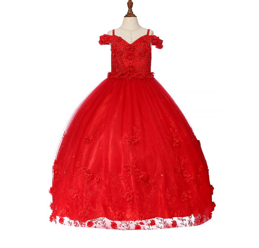 Mini Quince | Red Off-shoulder 3D Floral Applique with Glittered Lace Tulle Mini Quinceanera 3-Anos Dress | Emilia dress | 3 Colors Available front view