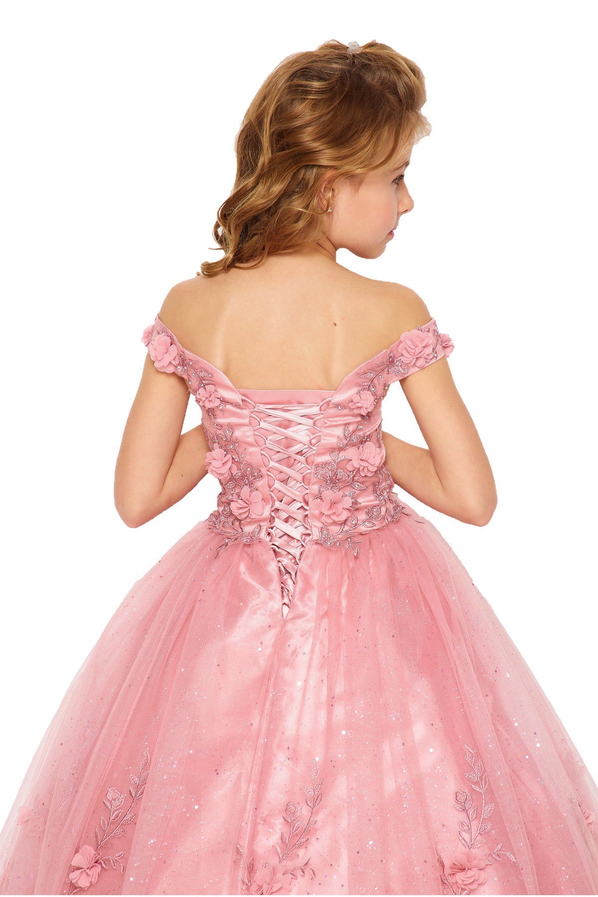 Mini Quince | Dusty Rose Off-shoulder 3D Floral Applique with Glittered Lace Tulle Mini Quinceanera 3-Anos Dress | Emilia dress | 3 Colors Available back zoom