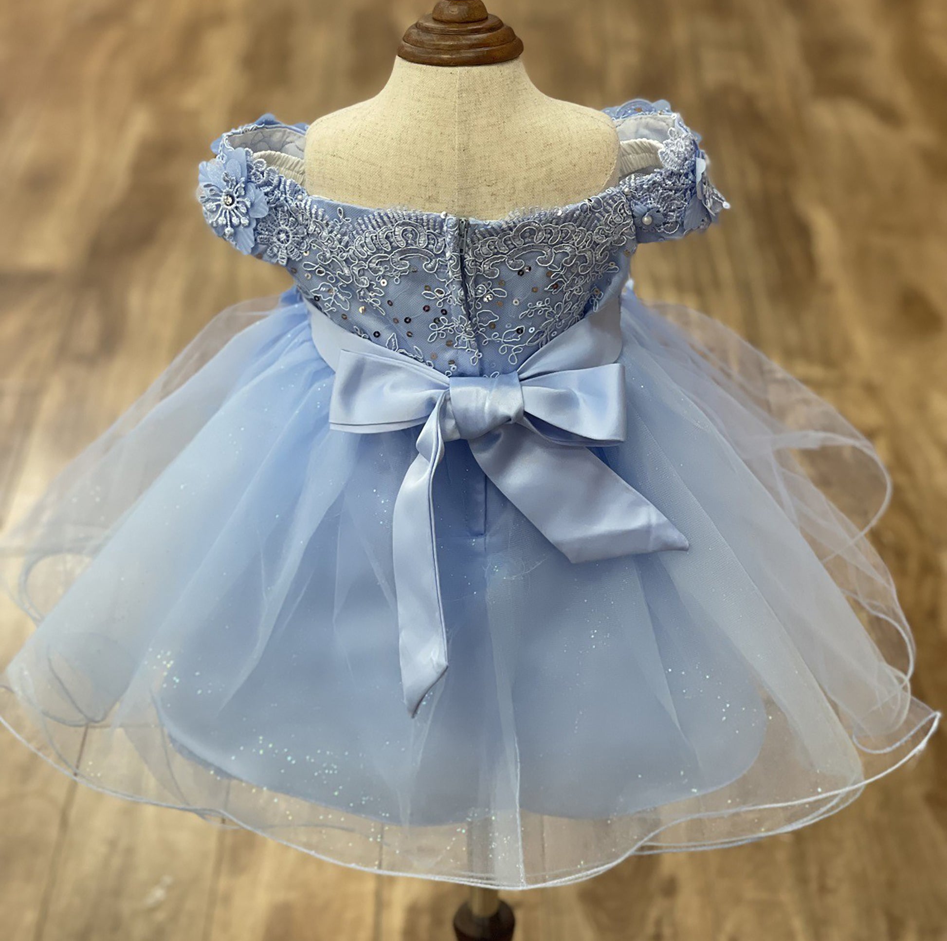 Sky Blue Off the shoulder Embedded 3D Floral & Rhinestones Sparkling Glitter Tulle Flower Girl Dress - back view of the dress