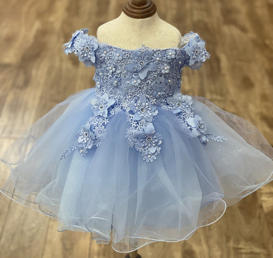 Sky Blue Off the shoulder Embedded 3D Floral & Rhinestones Sparkling Glitter Tulle Flower Girl Dress - front view of dress