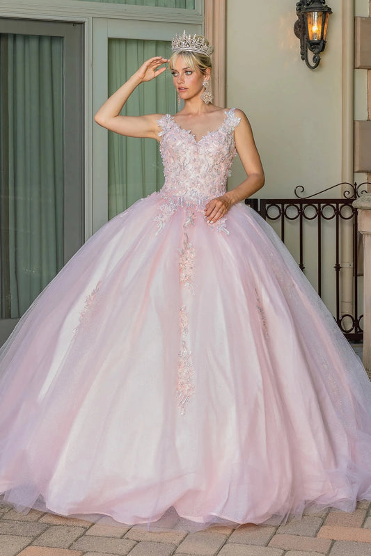 Featuring a floor-length skirt, this Blush quinceañera ball gown is shown in full view.
