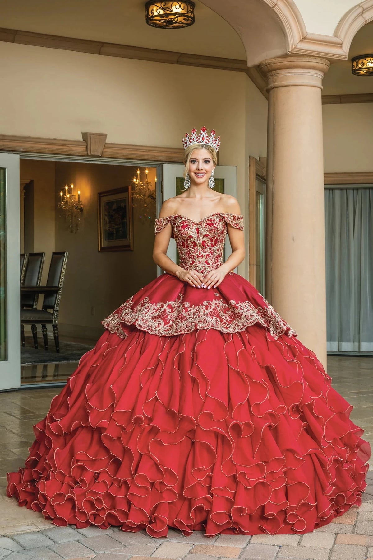 Additional full-length view of a Burgundy quinceañera gown highlighting cascading ruffle skirt, beaded embroidery, and off-the-shoulder neckline