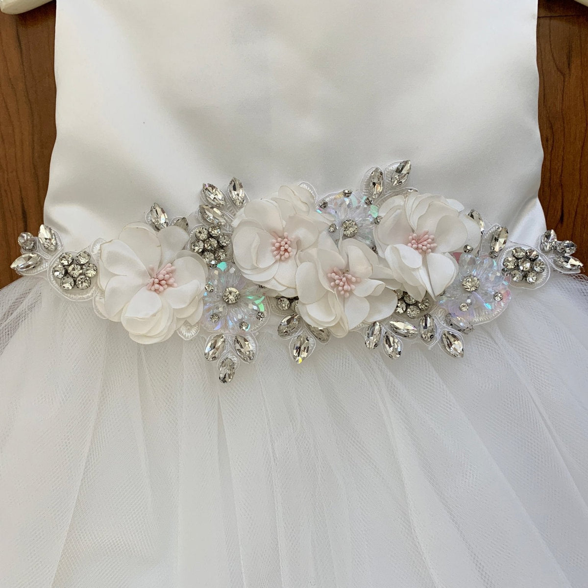 Floral and Rhinestone Satin and Tulle flower girl Dress.