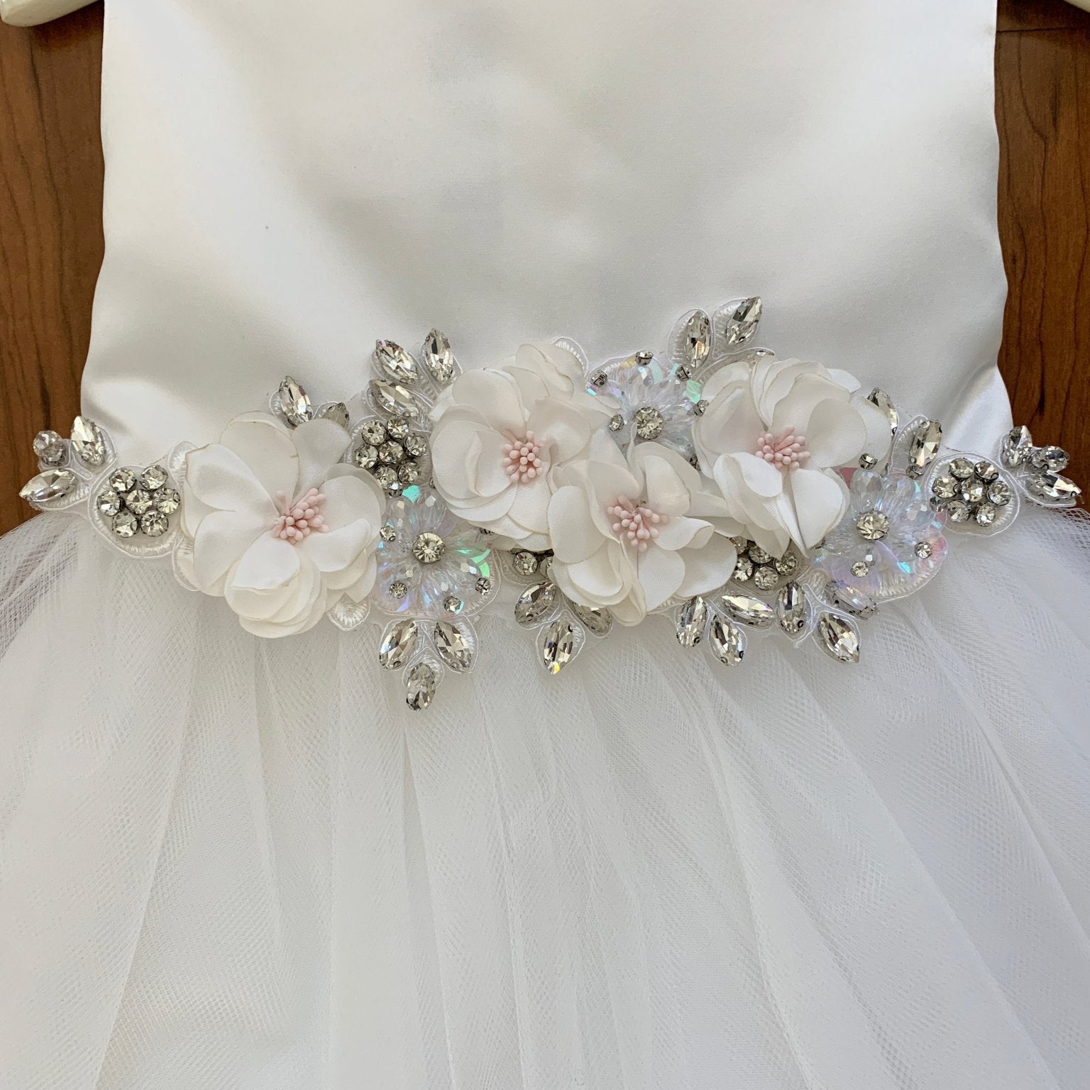 Floral and Rhinestone Satin and Tulle flower girl Dress.