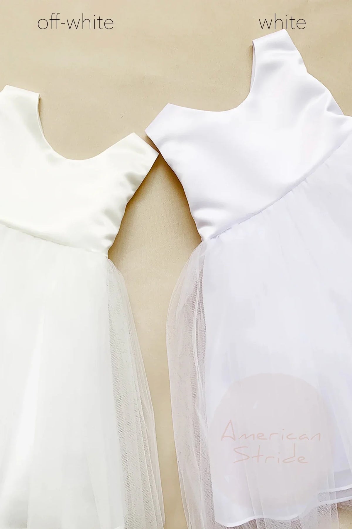 off white and white sleeveless dresses laid flat, labeled 'off-white' and 'white' at the top. Flower girl dress.