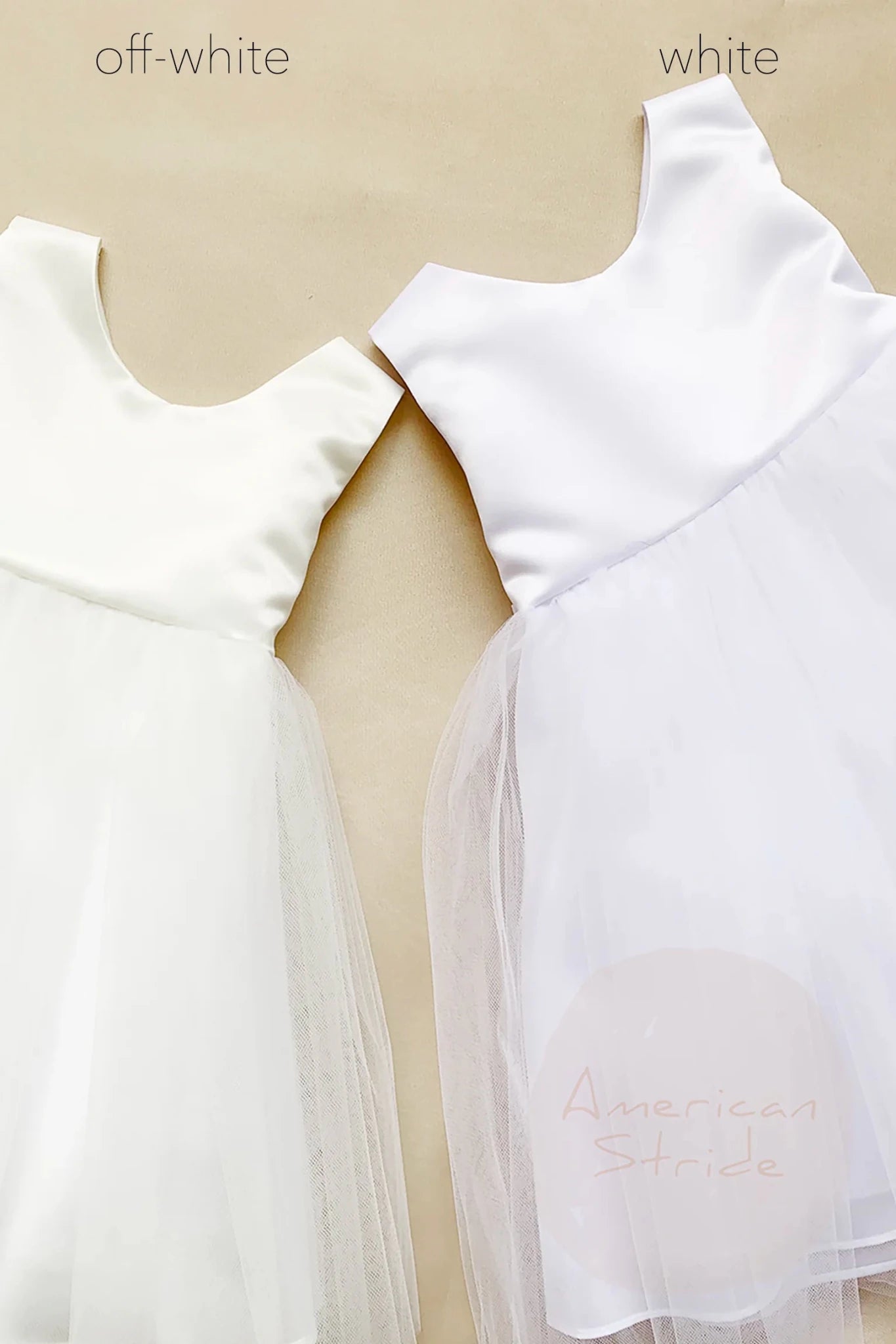 off white and white sleeveless dresses laid flat, labeled 'off-white' and 'white' at the top. Flower girl dress.