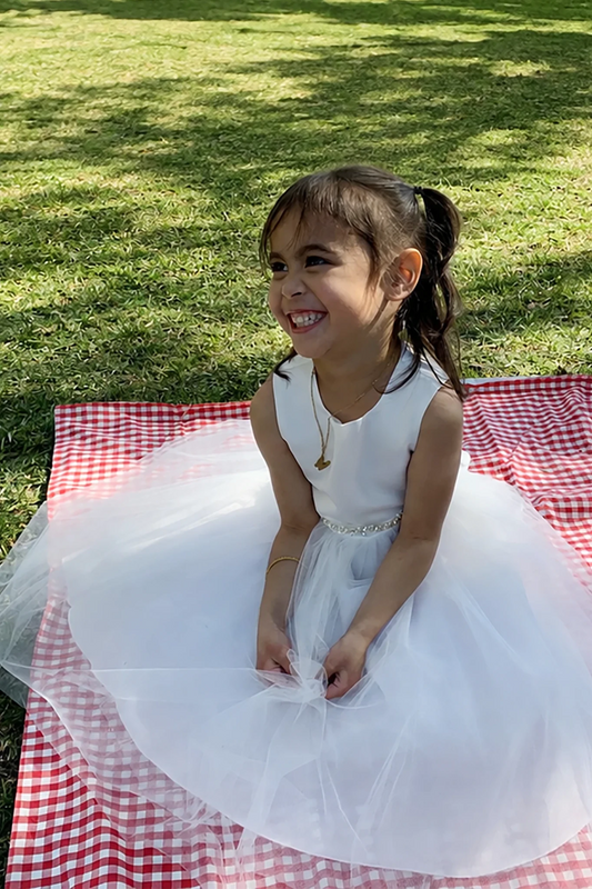 A sleeveless white flower girl dress with a full tulle skirt and a silver rhinestone and pearl waistband.