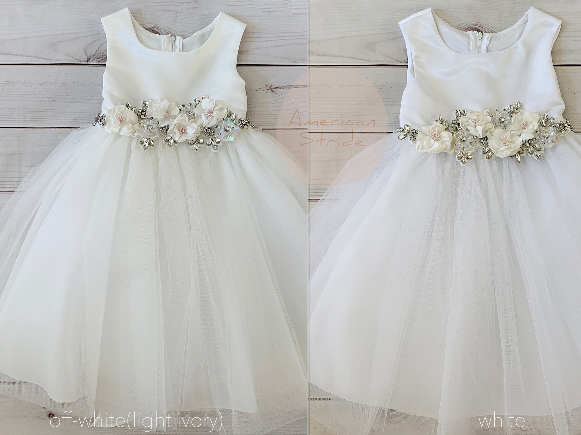Front view of white Floral and Rhinestone Satin and 4-Layer Tulle flower girl dress.