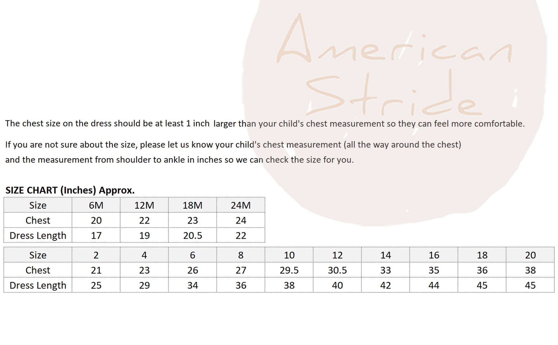 American Stride dress size chart with chest and dress length measurements.