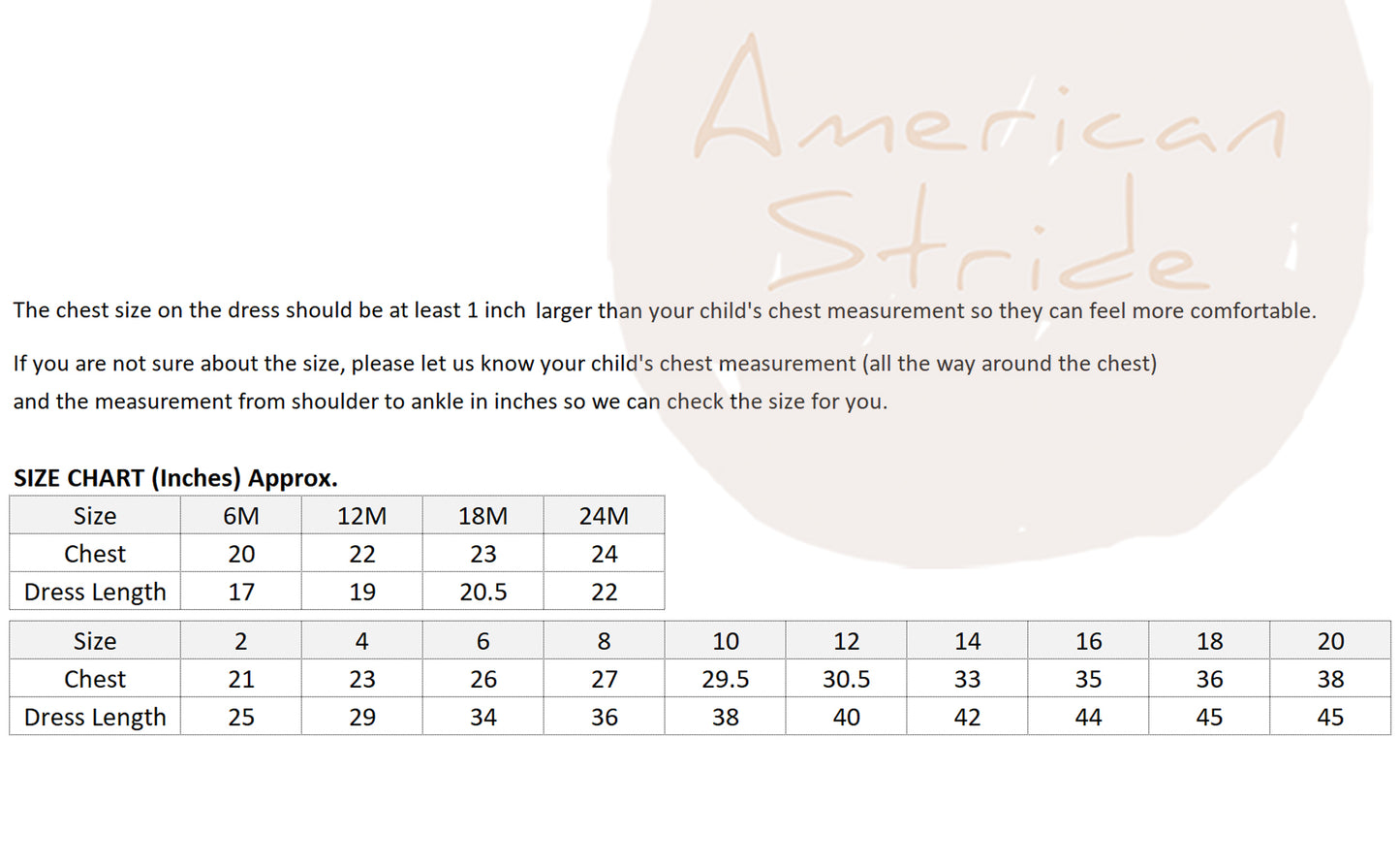 American Stride dress size chart with chest and dress length measurements.