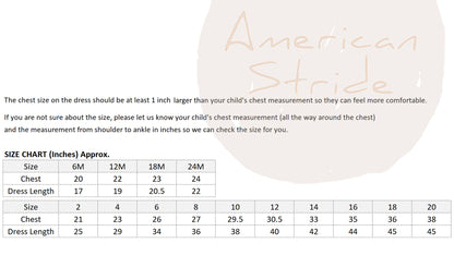 American Stride dress size chart with chest and dress length measurements.