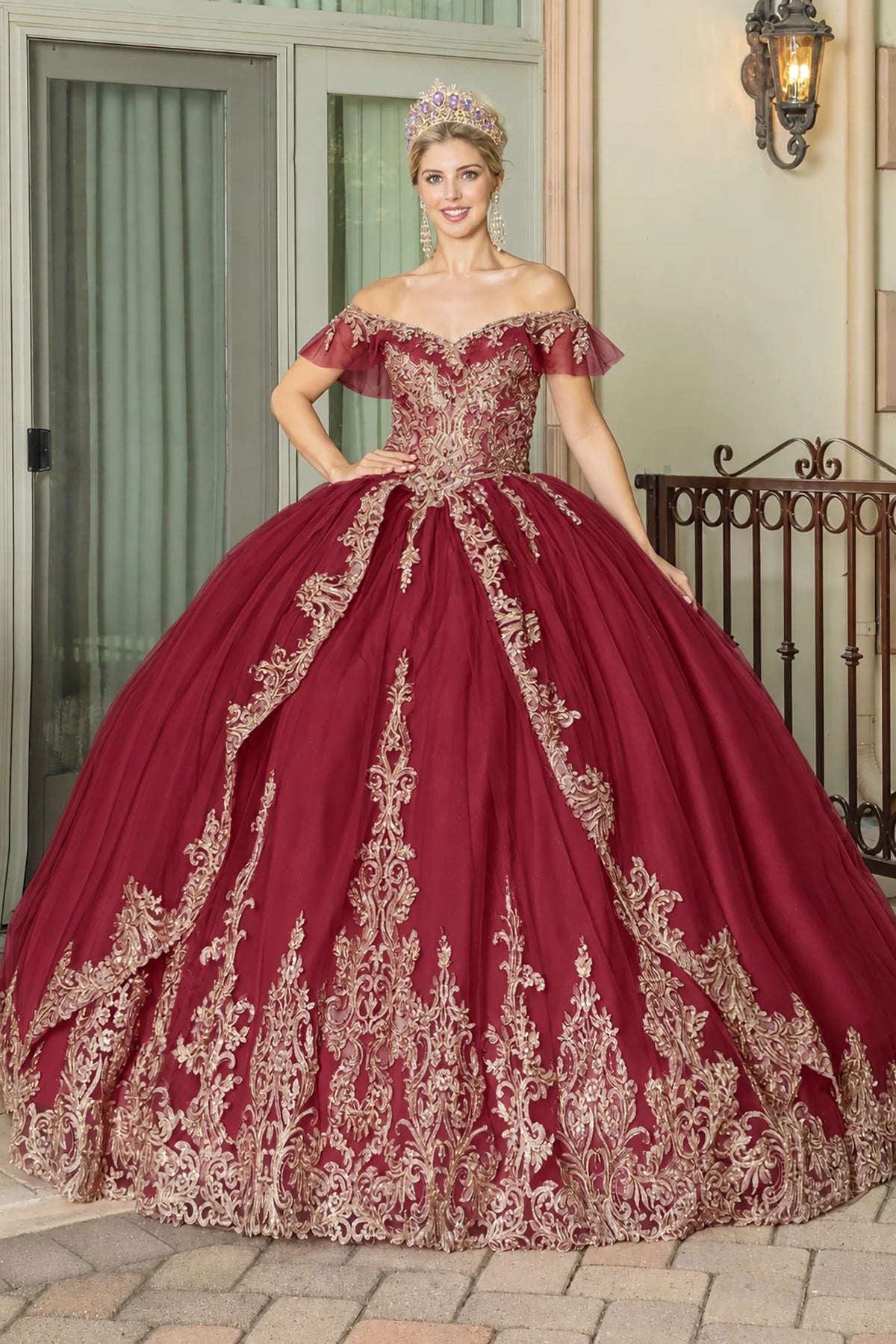 Burgundy embroidered quinceanera dress, full front view