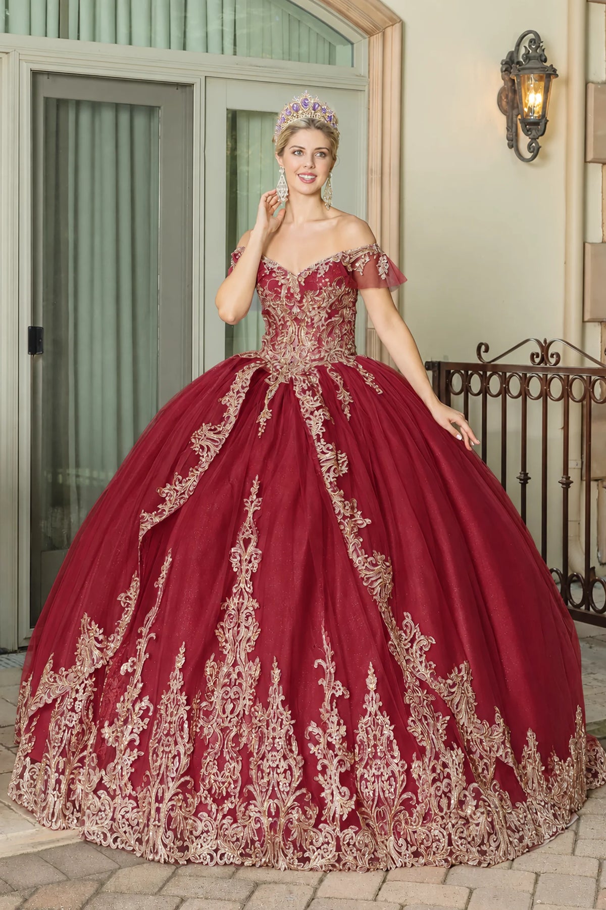 Burgundy embroidered quinceanera dress, additional front view