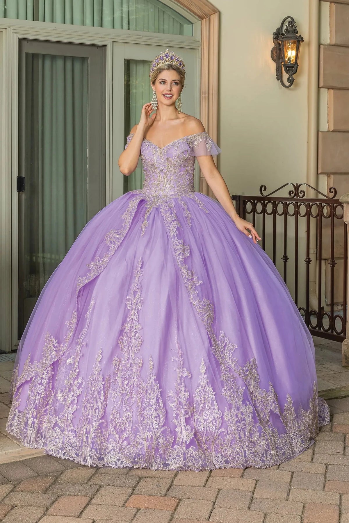 Front view of a Lilac quinceañera gown with off-the-shoulder neckline and voluminous full skirt