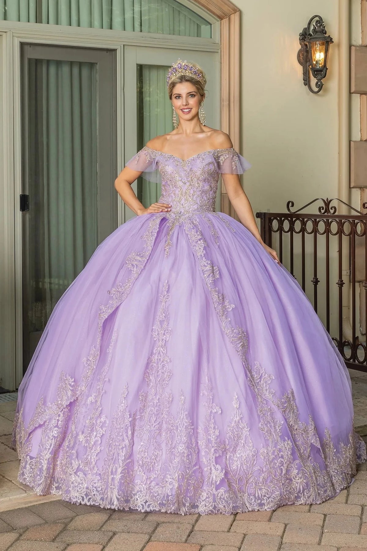 Additional full-length view of a Lilac quinceañera gown highlighting voluminous full skirt and off-the-shoulder neckline