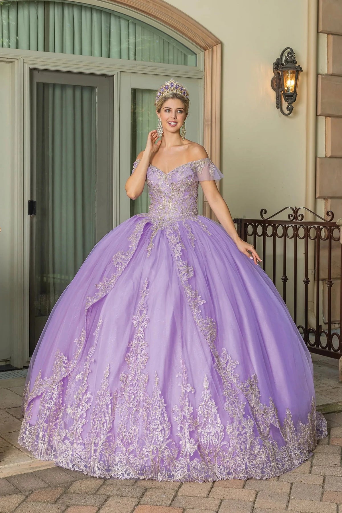 Alternate full-length view of a Lilac quinceañera gown highlighting voluminous full skirt and off-the-shoulder neckline