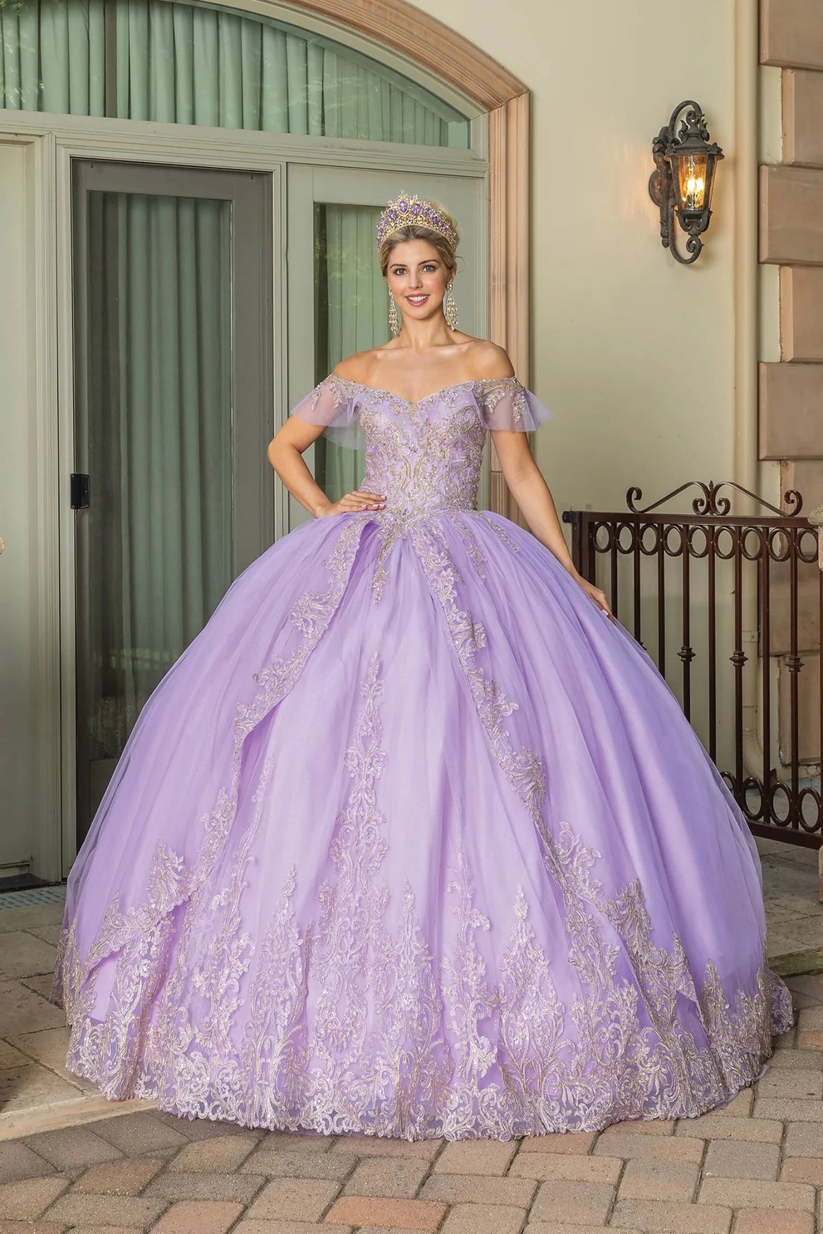 Third alternate full-length view of a Lilac quinceañera gown highlighting voluminous full skirt and off-the-shoulder neckline