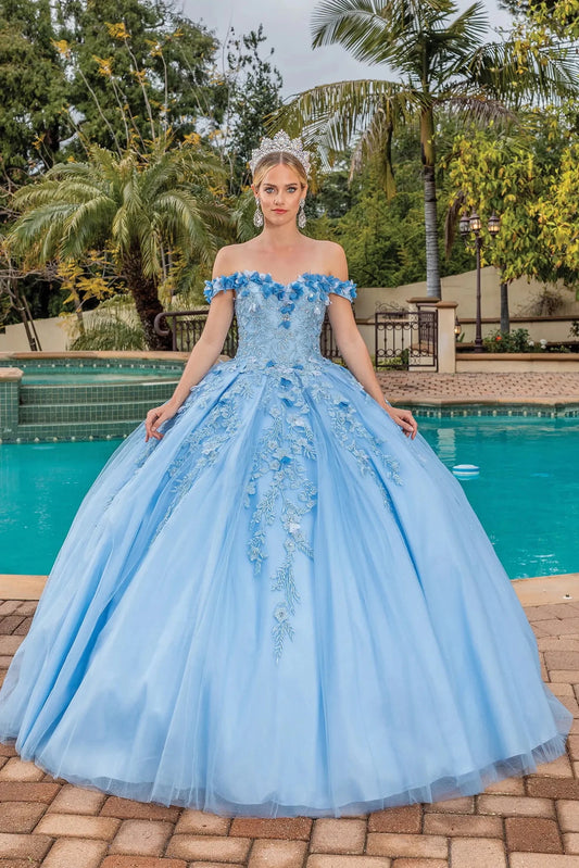 Front view of a Bahama Blue quinceañera gown with off-the-shoulder neckline and lace appliqués