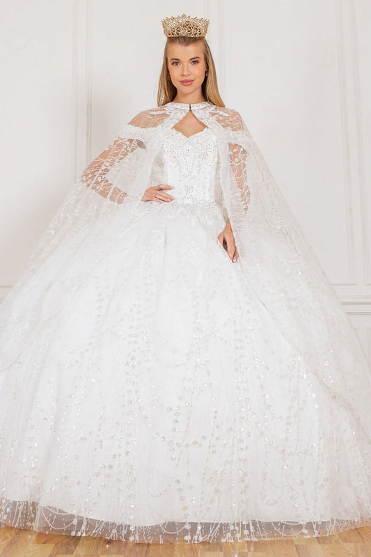 Quinceanera | White Rhinestone and Glittered Lace Off-Shoulder Spaghetti Back with Matching Cape Sweet 15 Ballgown | Antonella dress | 3 Colors Available front view