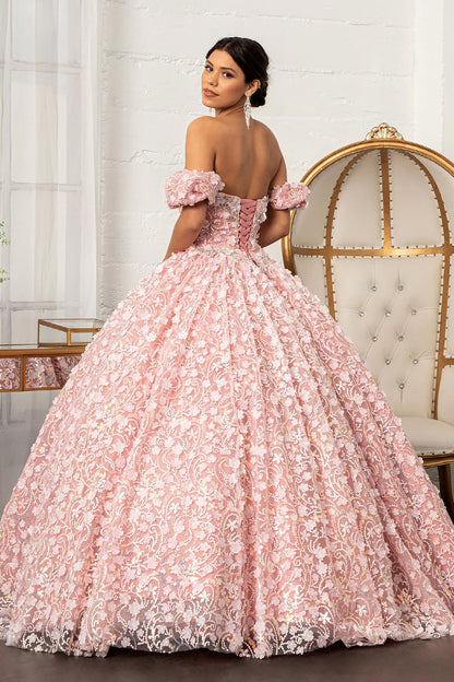 Quinceañera | Dusty Rose 3D Appliqué Jewel Embellished Mesh Ball Gown | Rita dress back view