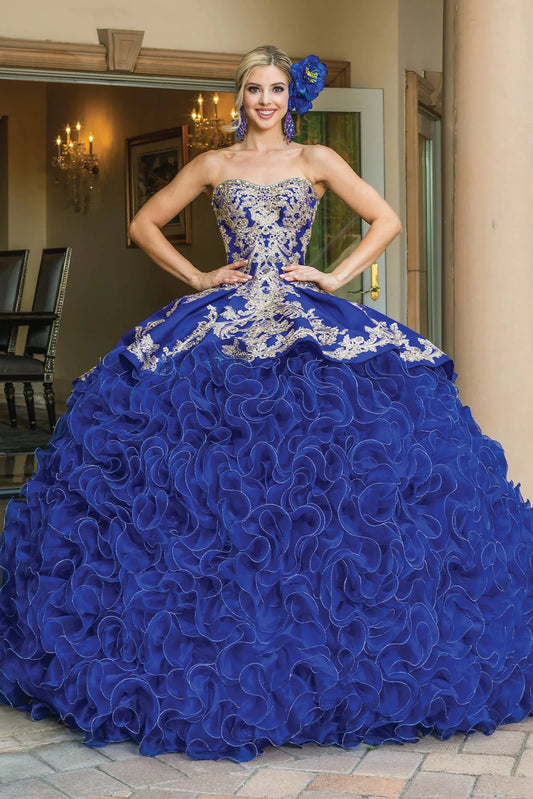 Front view of a Royal Blue quinceañera gown with beaded bodice and cascading organza ruffle skirt