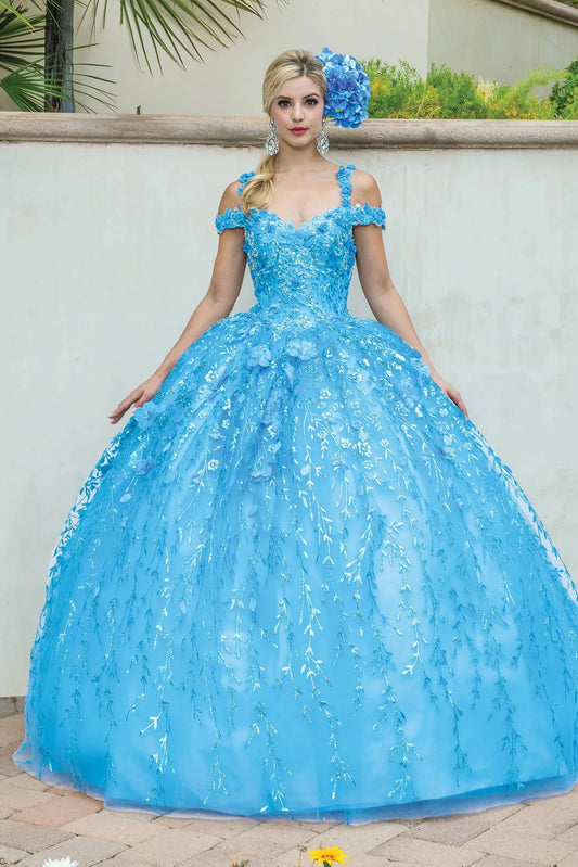 Front view of a Bahama Blue quinceañera gown with off-the-shoulder neckline, floral appliqués, and embroidered tulle skirt
