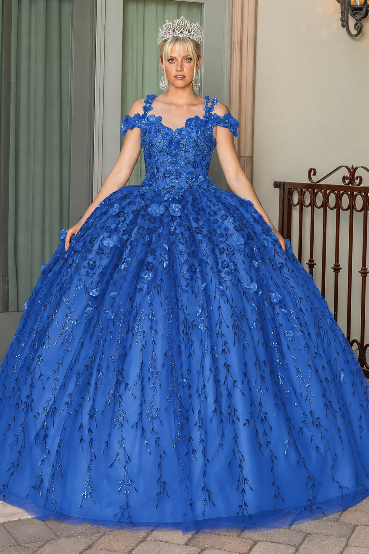 Royal Blue floral appliqué quinceanera dress, full front view