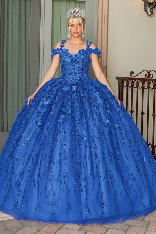 Royal Blue floral appliqué quinceanera dress, full front view
