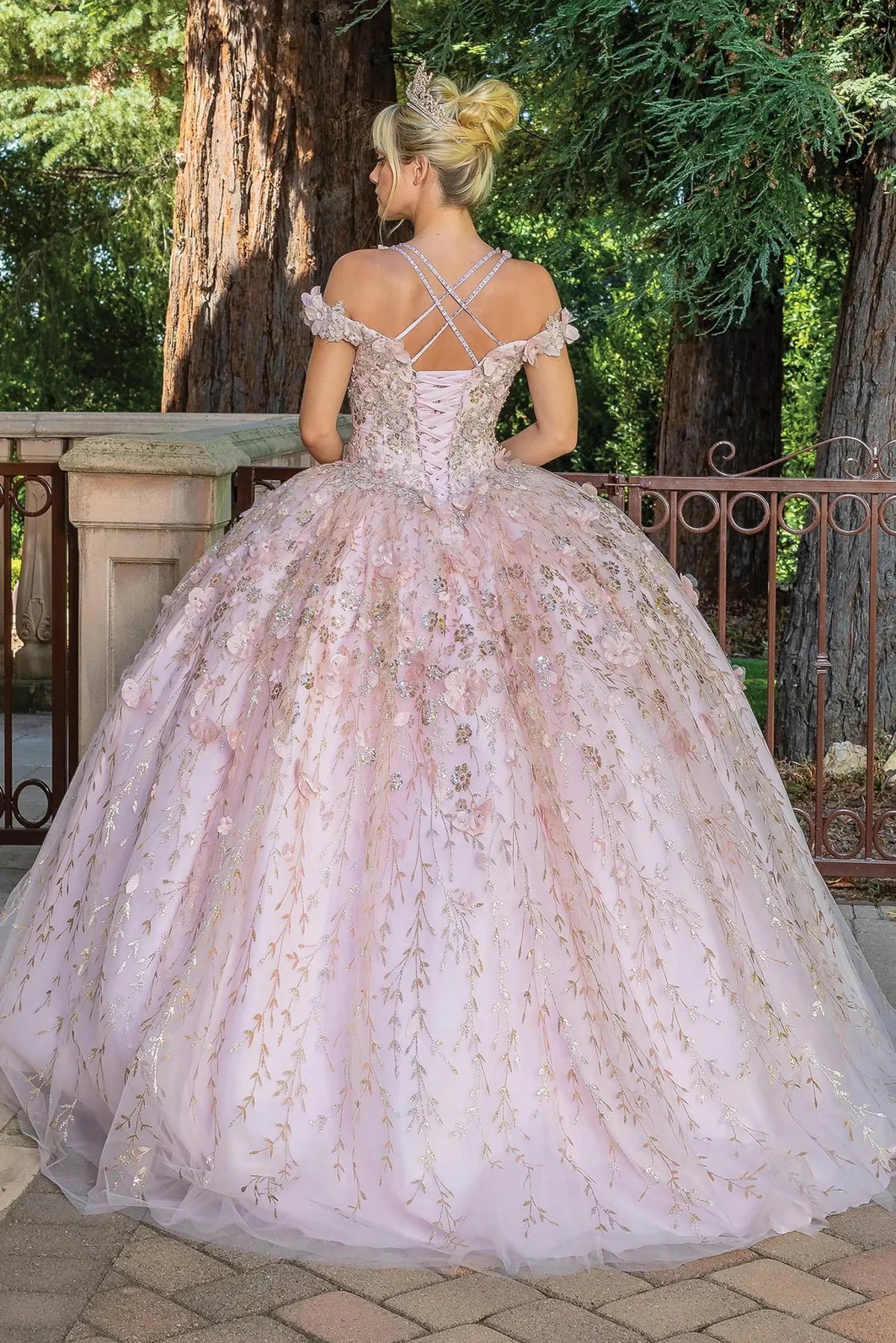 Back view of a Blush quinceañera gown showing lace-up back, embroidered tulle skirt, and floral appliqués