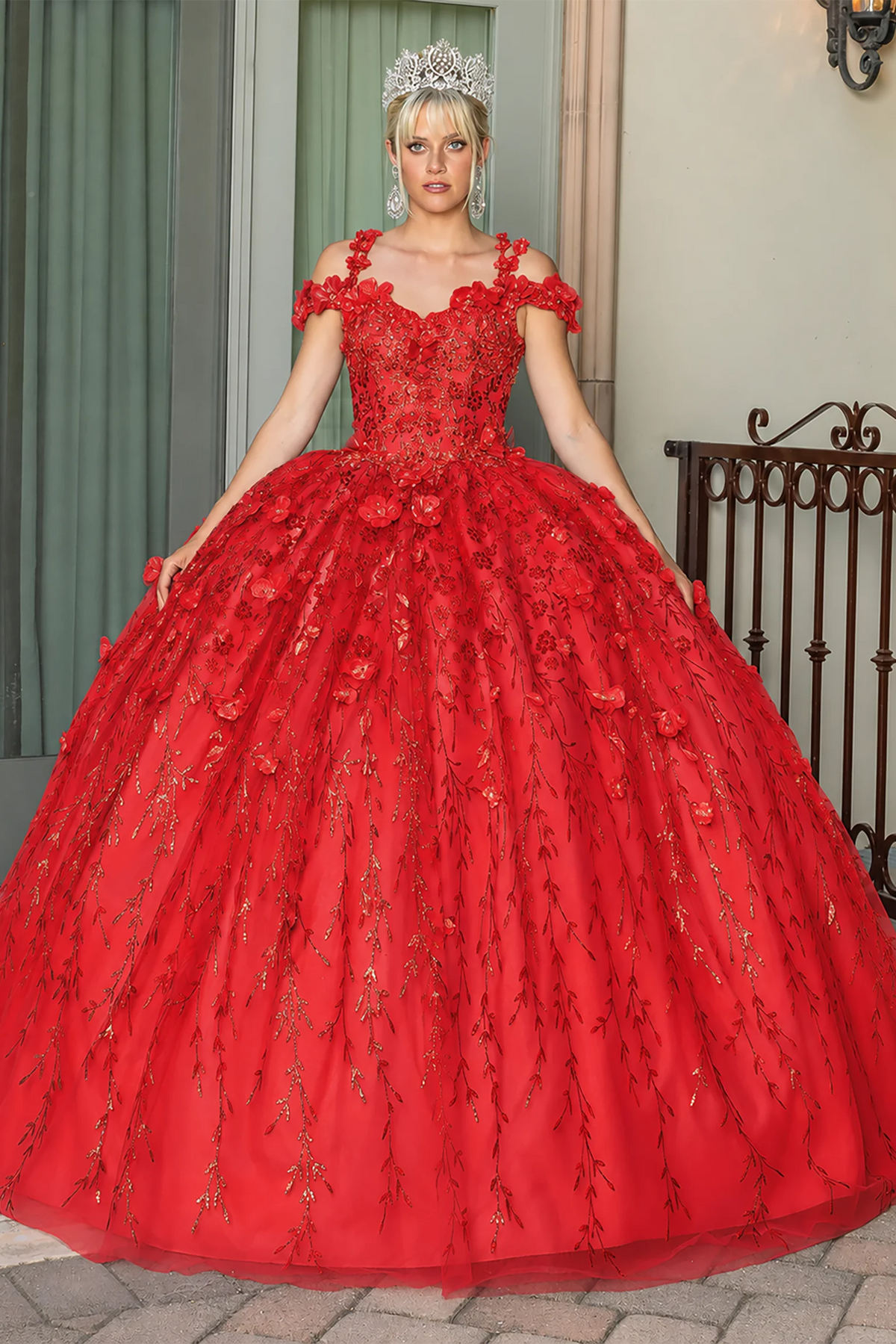 Red floral appliqué quinceanera dress, full front view