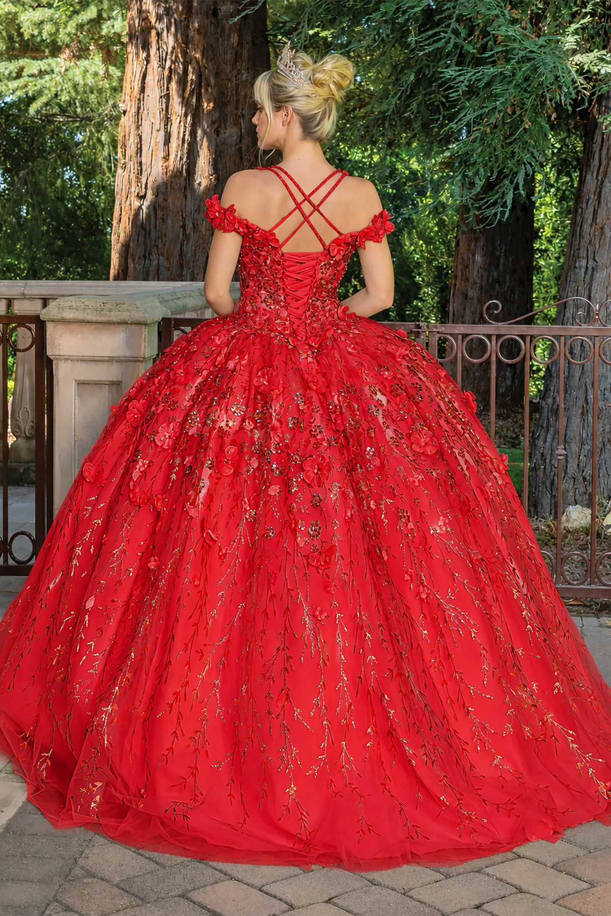 Red floral appliqué quinceanera dress, back view with lace-up closure