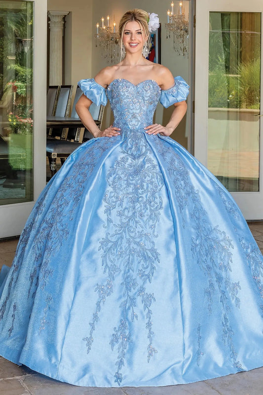 Front view of a Bahama Blue quinceañera gown with embroidered lace