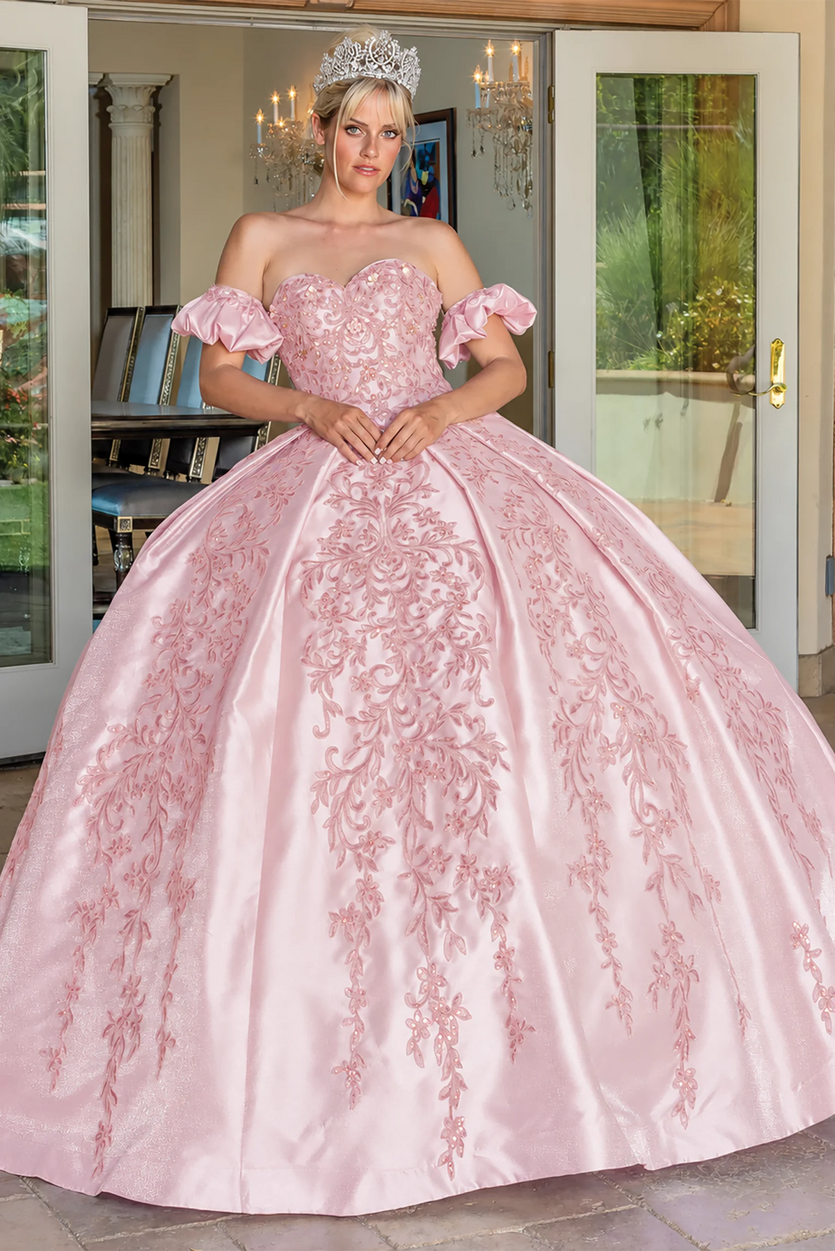 Blush embroidered satin quinceanera dress, full front view