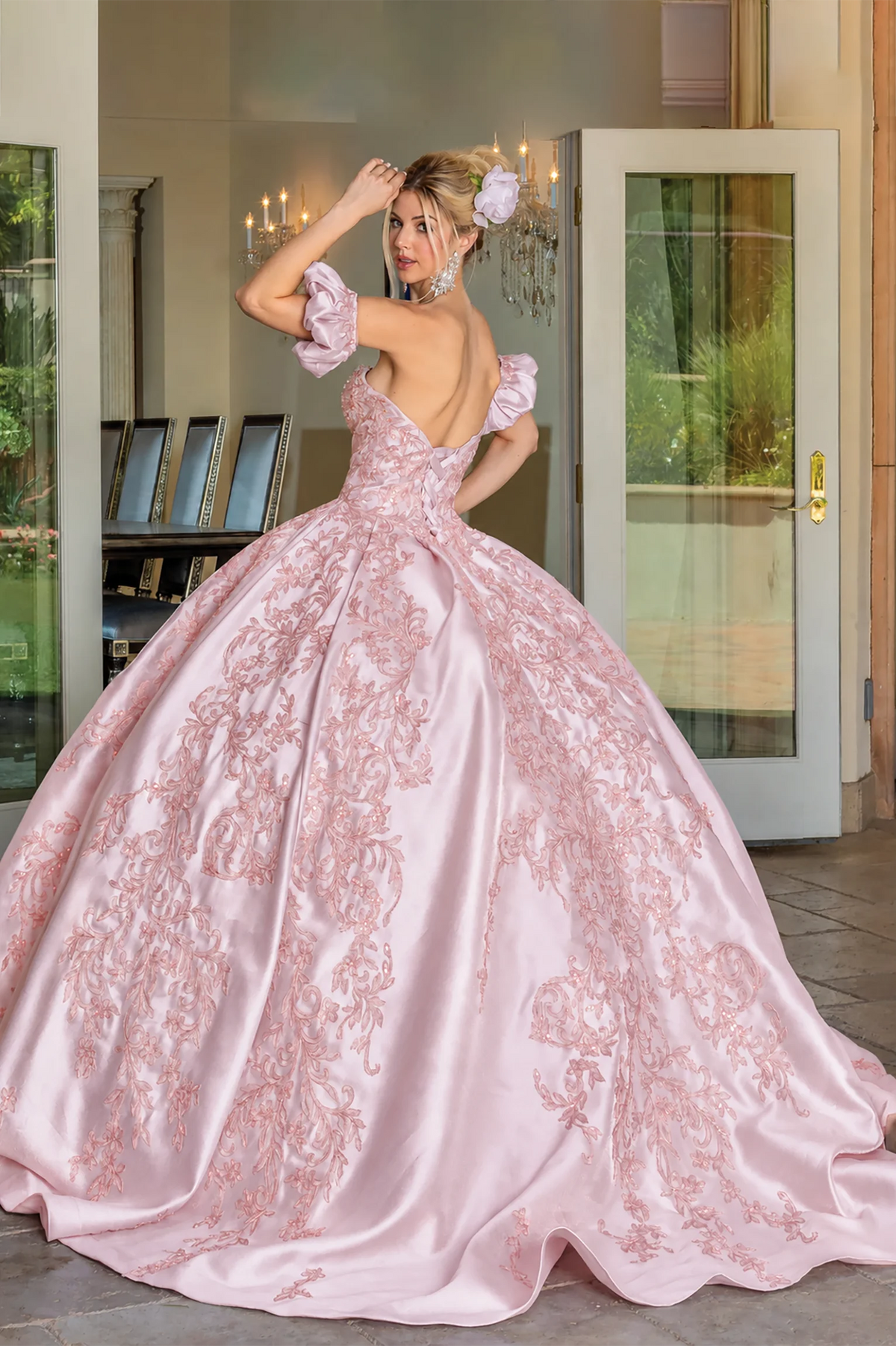 Blush embroidered satin quinceanera dress, back view with lace-up closure