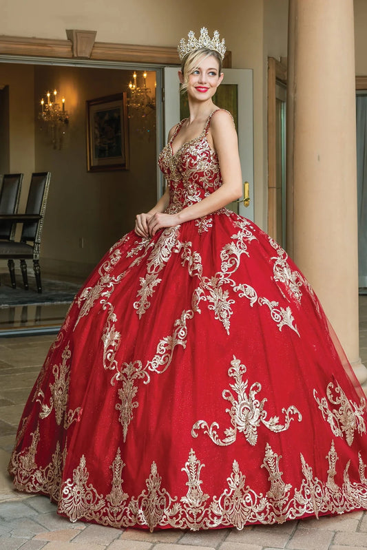 Front view of a Burgundy quinceañera gown with embroidered bodice and crystal accents