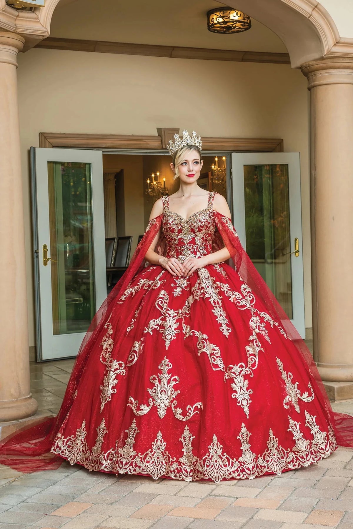 Additional full-length view of a Burgundy quinceañera gown highlighting crystal accents