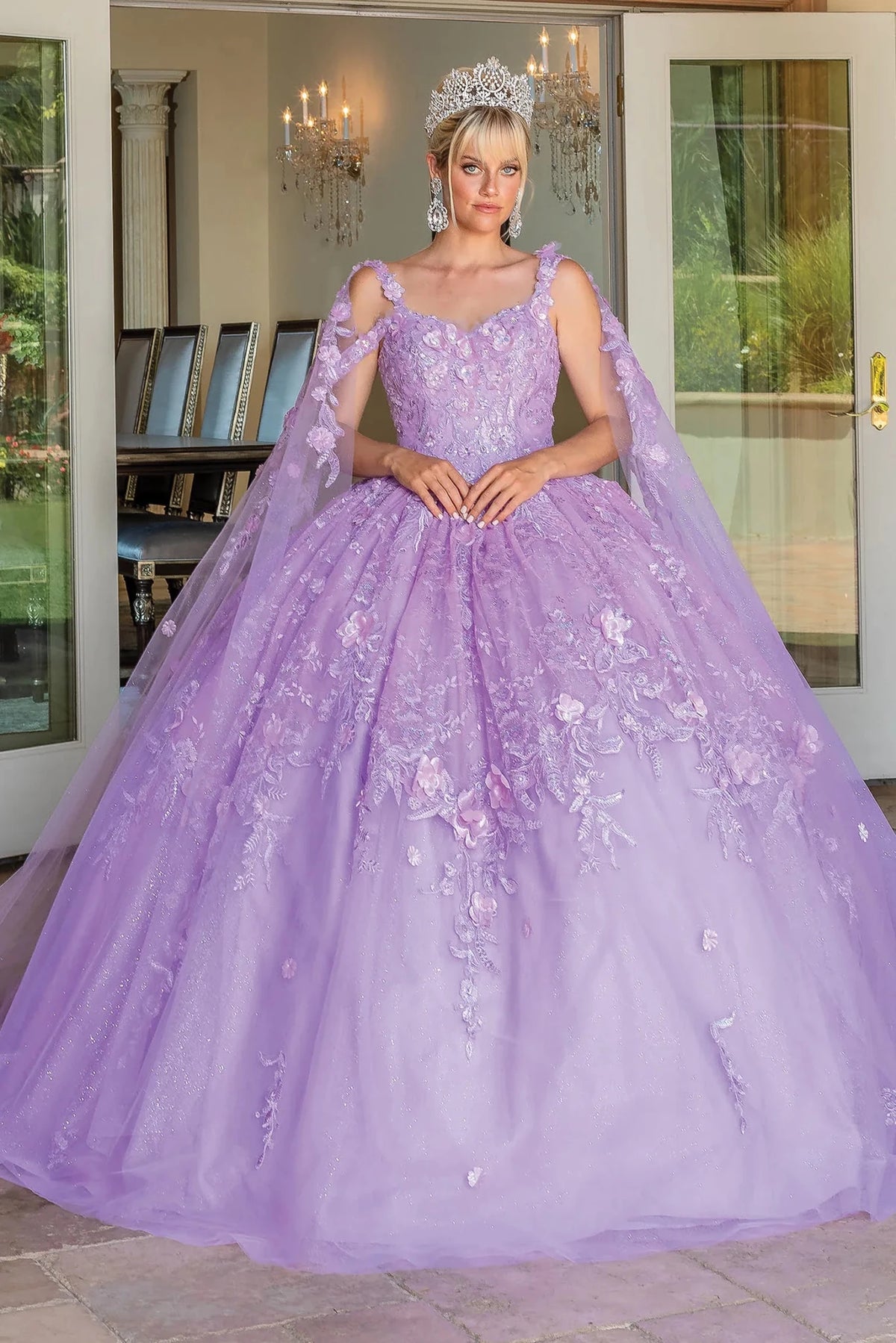Front view of a Lilac quinceañera gown with illusion neckline, cap sleeves, embellished bodice, and layered tulle skirt