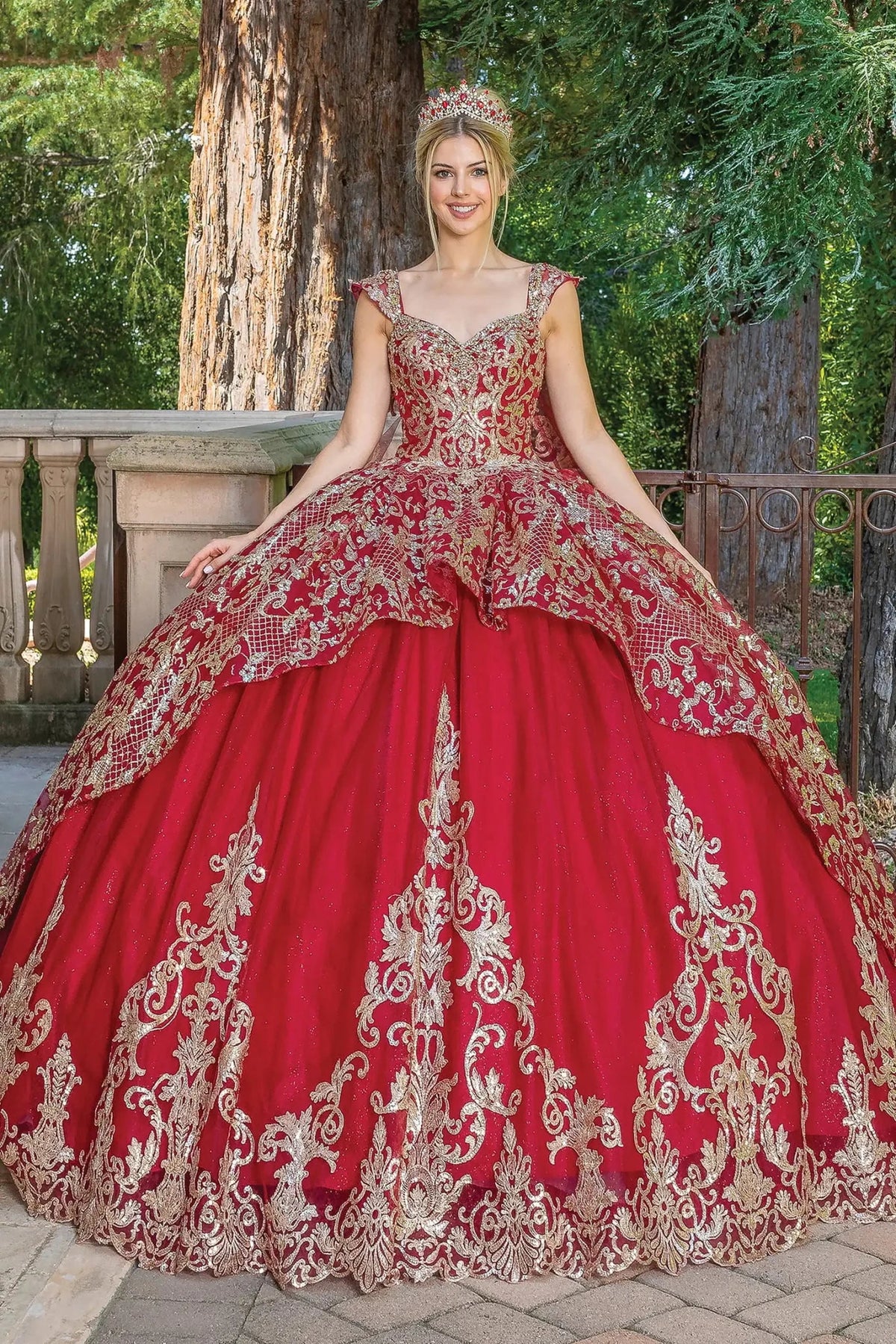 Front view of a Burgundy quinceañera gown with beaded bodice