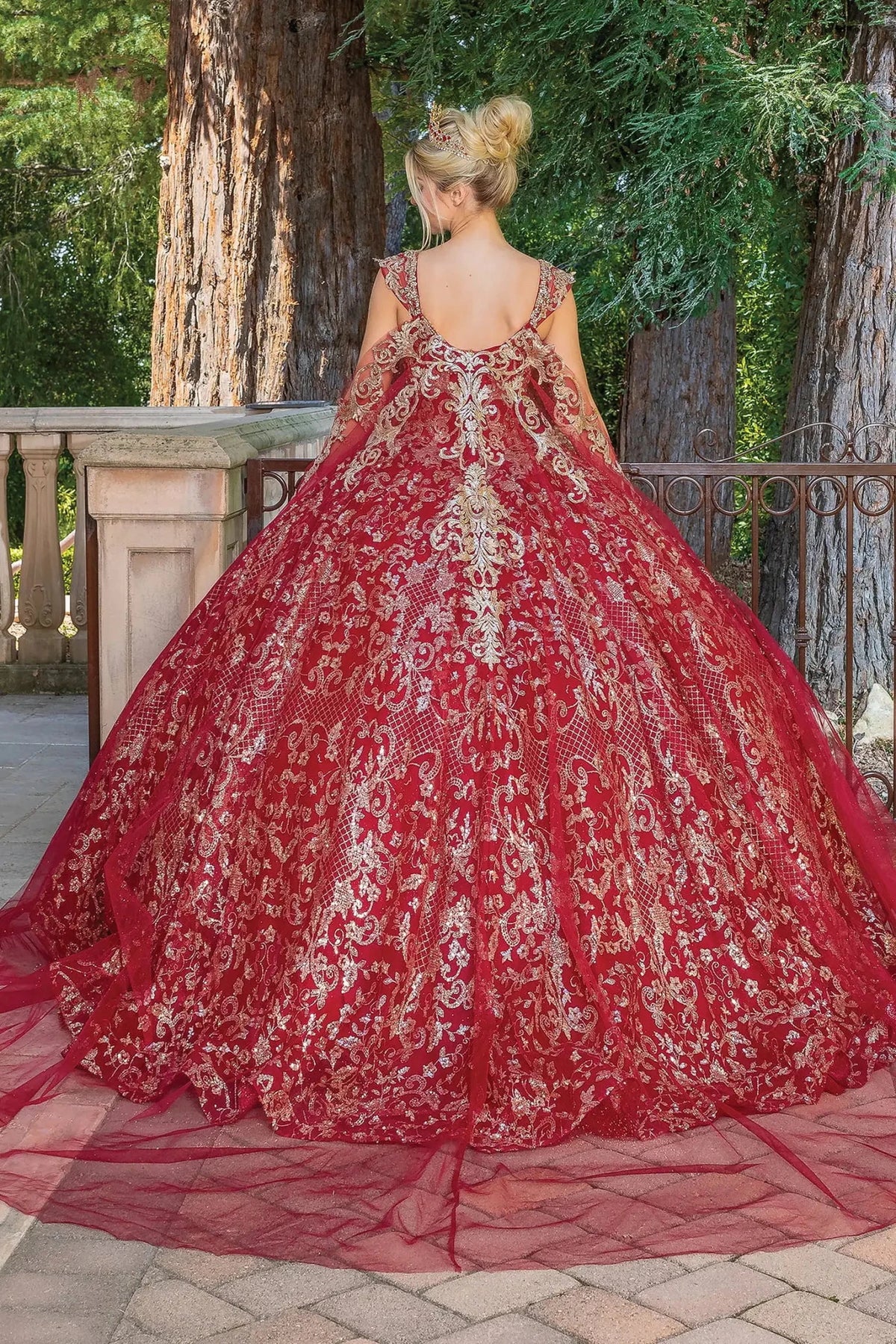 Additional full-length view of a Burgundy quinceañera gown highlighting