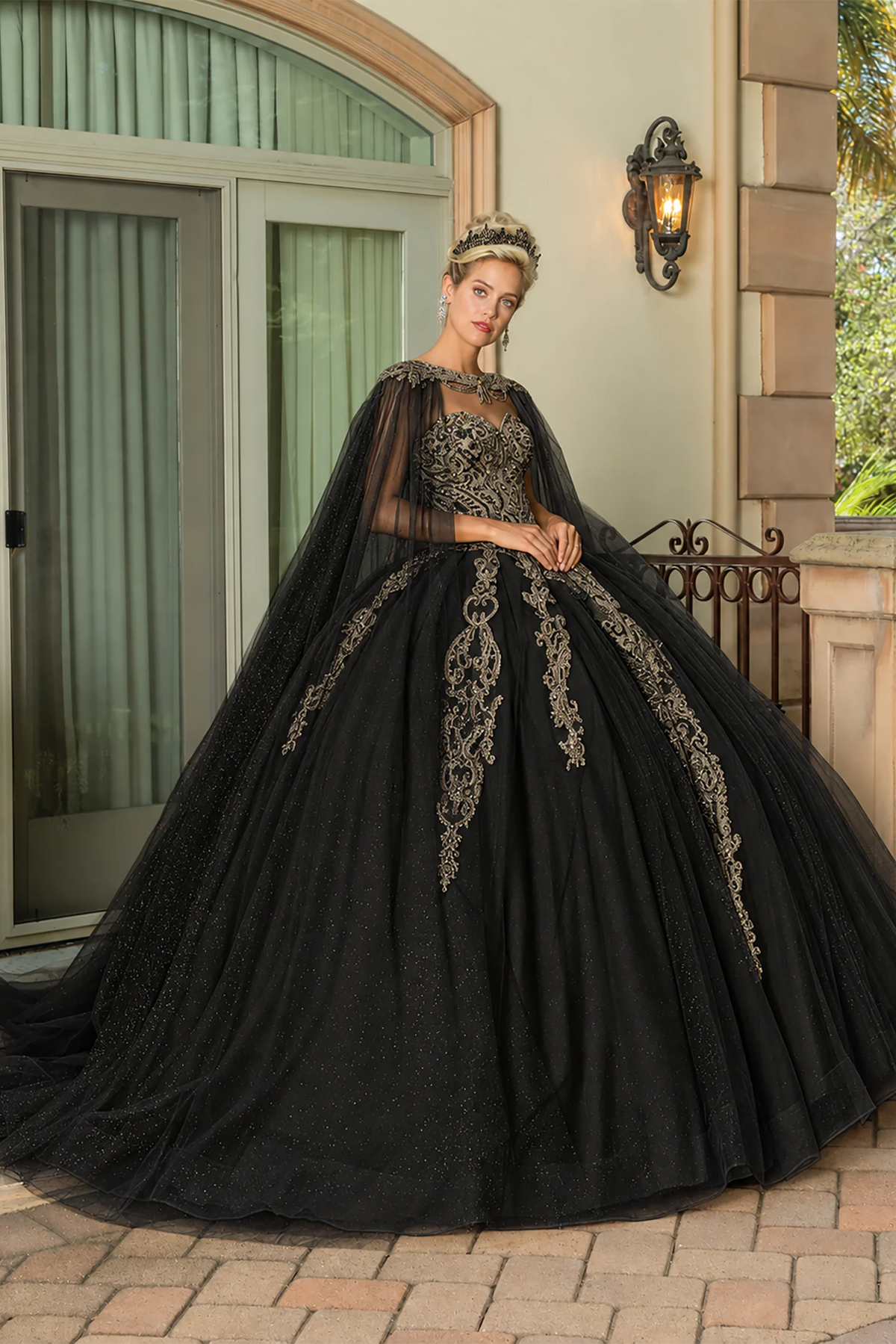 Black embroidered cape quinceanera dress, full front view