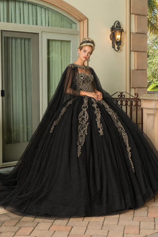 Black embroidered cape quinceanera dress, full front view