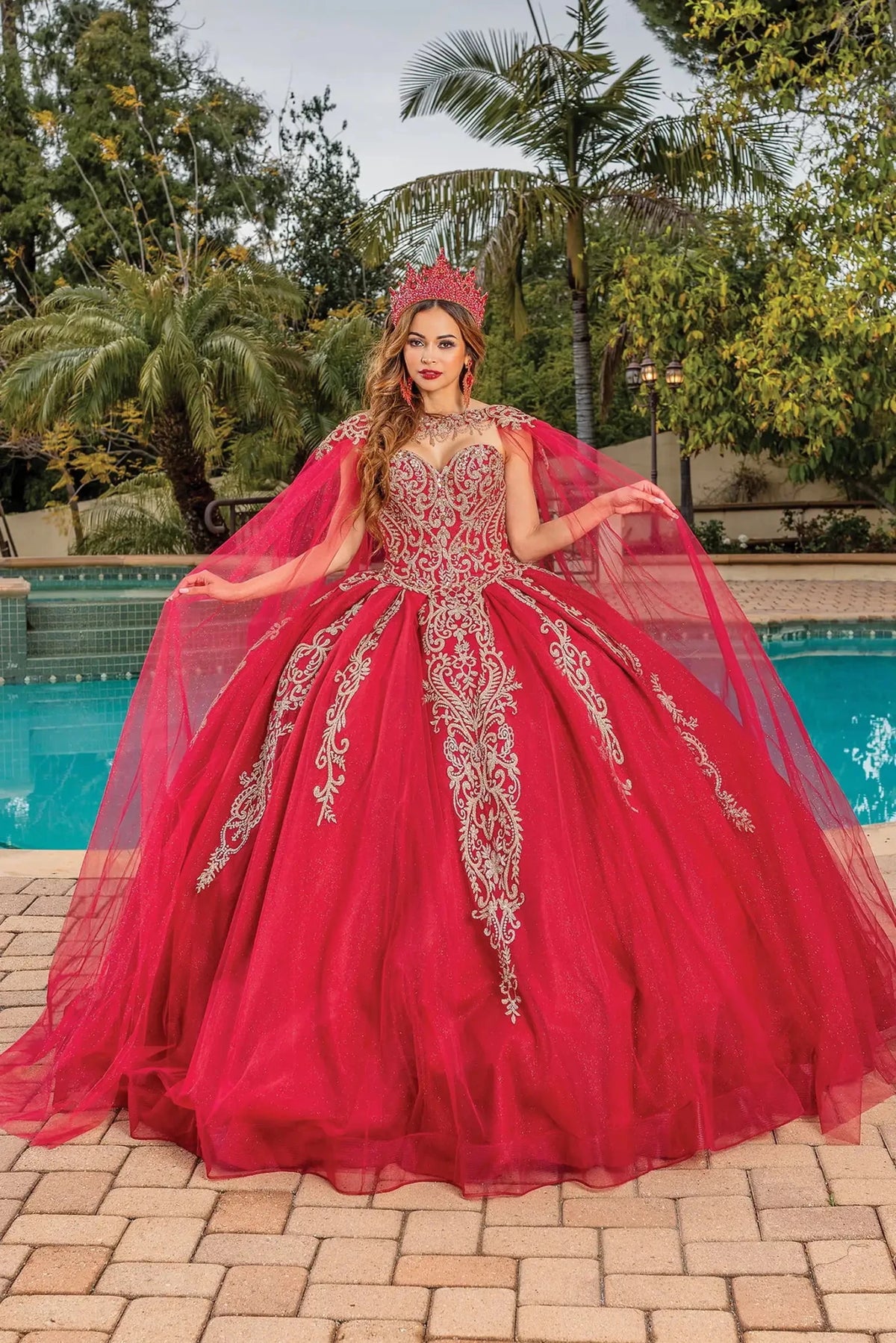 Additional full-length view of a Burgundy quinceañera gown highlighting full tulle skirt and strapless neckline