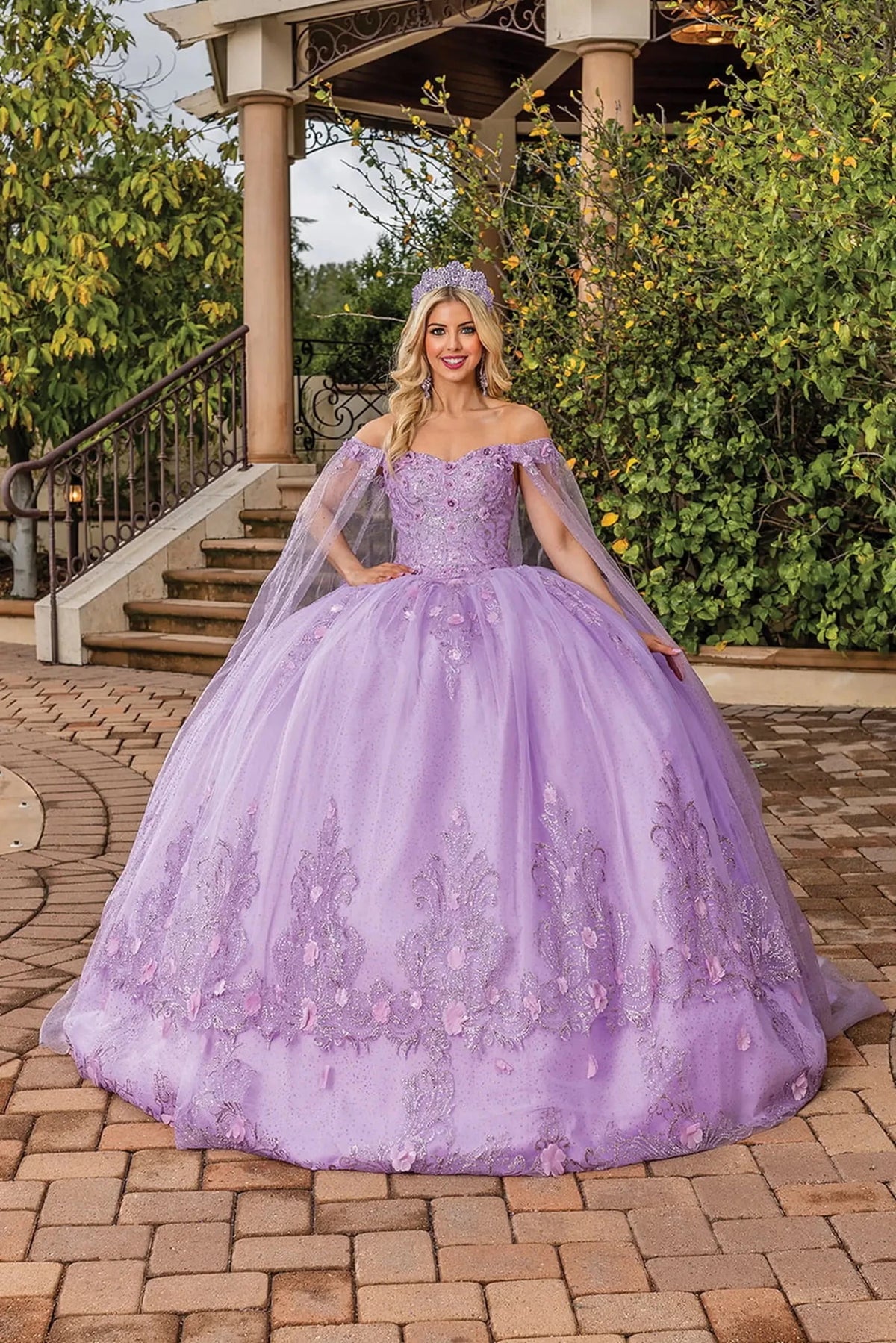 Full-length front view of a Lilac quinceañera gown with off-the-shoulder neckline and floral embroidery