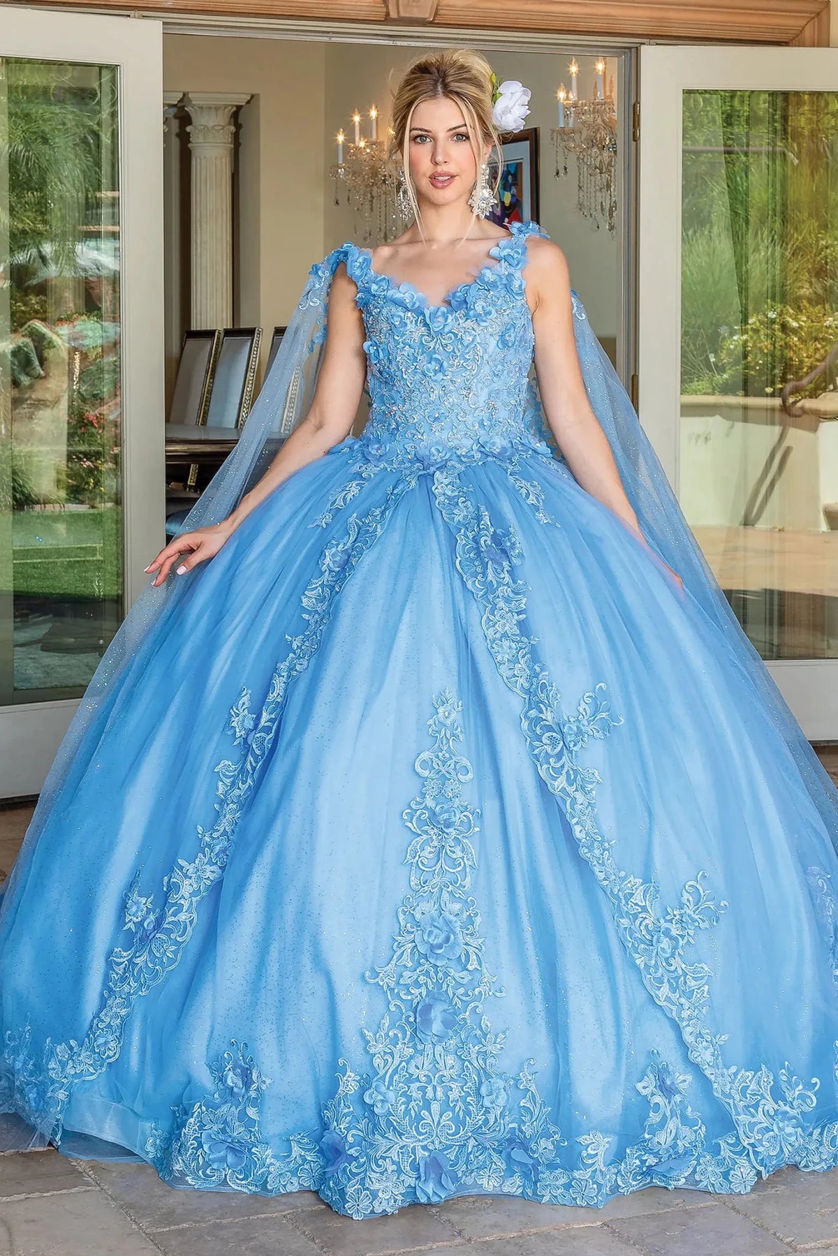 Alternate full-length view of a Bahama Blue quinceañera gown highlighting voluminous full skirt and embroidered lace