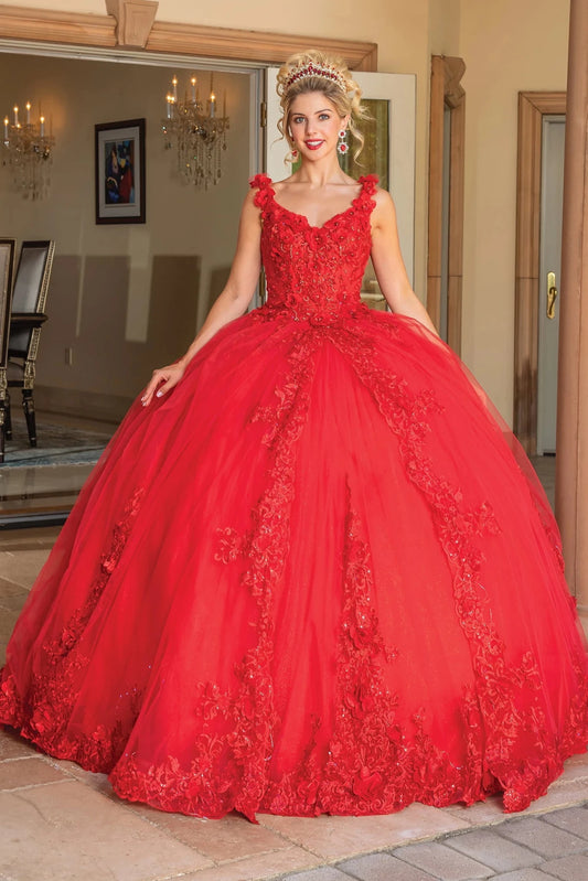 Front view of a Red quinceañera gown with beaded bodice, embroidered lace, and voluminous full skirt